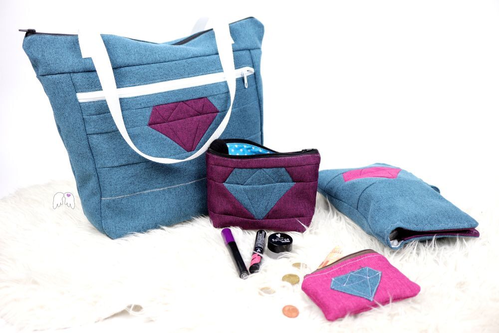 Diamond bag 4 Taschen mit Diamanten-Unterteilung: Shopper, Windeltasche, Kosmetiktasche + Geldbörse