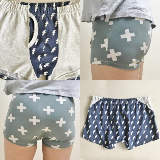 Vier Ansichten von Herren-Boxershorts mit Blitz- und Pluszeichenmuster