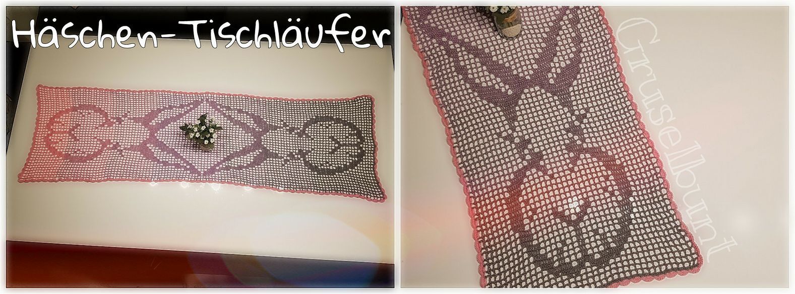 Rechteckiger Filet-Tischläufer mit drei Hasenmotiven im Farbverlauf auf glatter Unterlage.