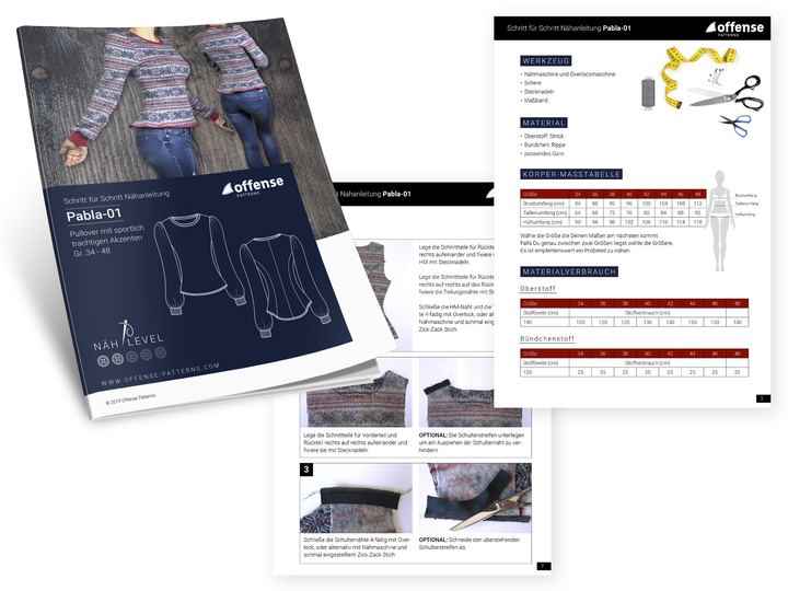 Damen Pullover mit sportlich trachtigen Akzenten "Pabla-01" in Größe 34-48 als E-Book - inkl. Schnittmuster + Nähanleitung.