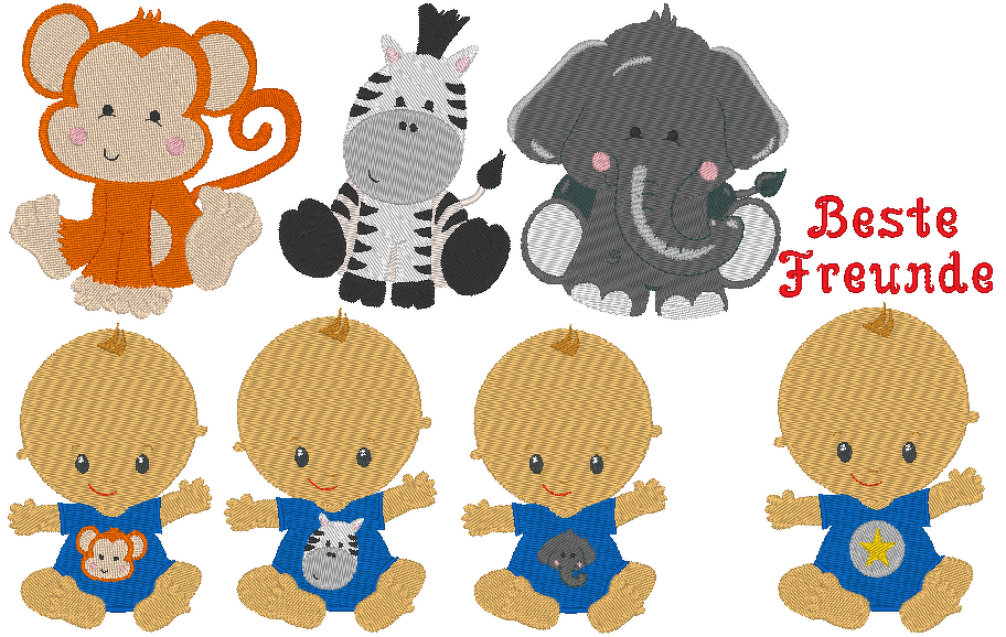 Baby Tiere Stickdatei Elefant Zebra Affe