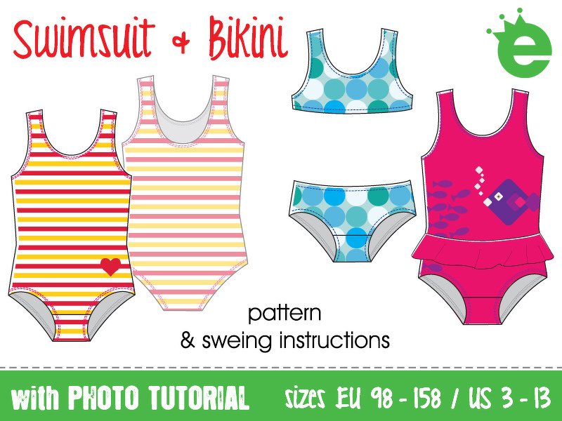 Swimsuit and bikini • EU girls sizes 98-158 • E-Book PDF sewing pattern