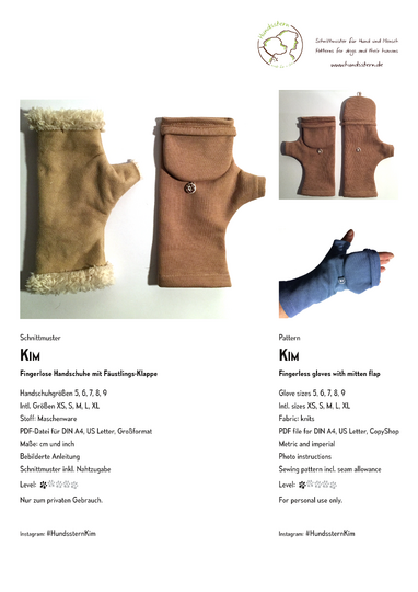 KIM fingerless gloves + optional mitten flap 5 sizes sewing pattern