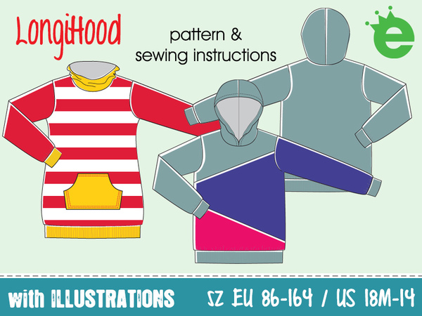 LongiHood • EU sizes 86 – 164 / US-size 18 months – 14 • kids Sweatshirt dress with hood PDF sewing pattern