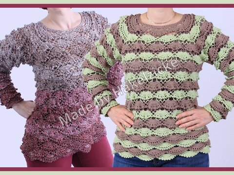 Wunderschöner Pullover Ypsie mit verspielten Picot-Relieffächern, gehäkelt RVO Raglan
