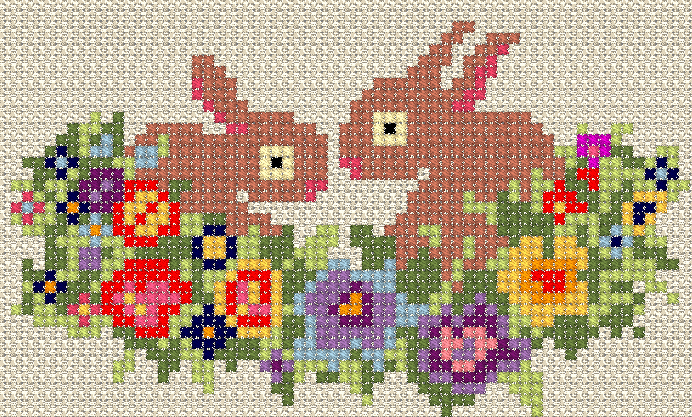 Kaninchen im Blumenbeet *Handsticken / Bügelperlen*