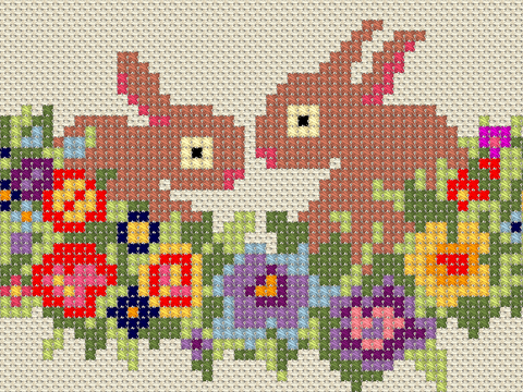 Kaninchen im Blumenbeet *Handsticken / Bügelperlen*