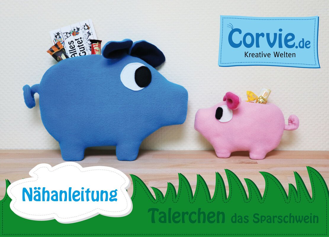 Zwei genähte Stoffschweine in Blau und Rosa mit Schlitz als Geschenkhalter