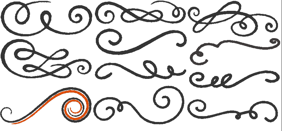 Mehrere schwarze Ornamente und geschwungene Linien, darunter eine Spirale mit orangefarbener Innenlinie.