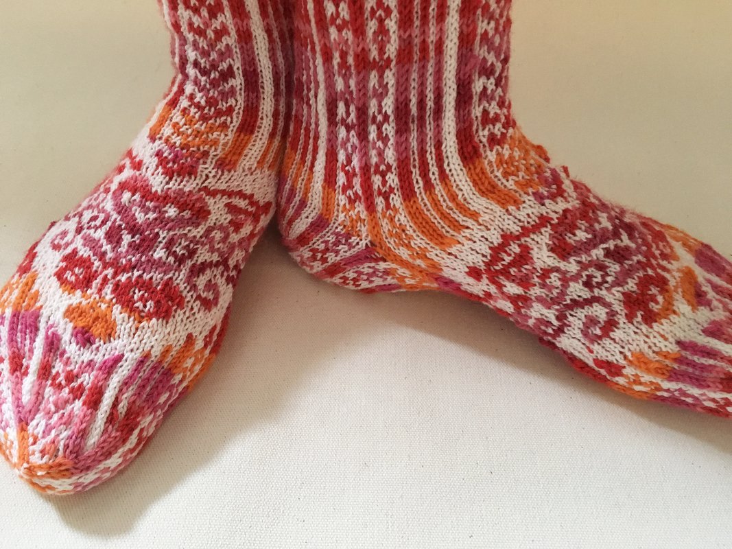 Nahaufnahme mehrfarbiger gestrickter Damensocken in Rosa, Orange und Weiß mit schmalem Rippenbund