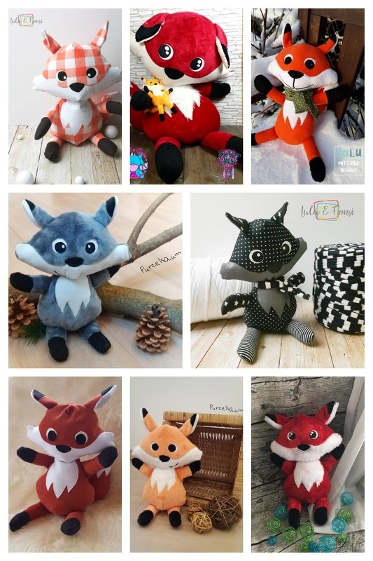 Mehrere genähte Fuchskuscheltiere in einer Collage zur Darstellung von Form- und Stoffvarianten