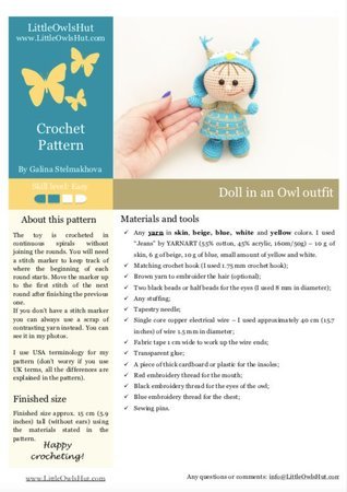 209 Crochet Pattern - Girl doll in an Owl outfit - Amigurumi PDF file by Stelmakhova CP