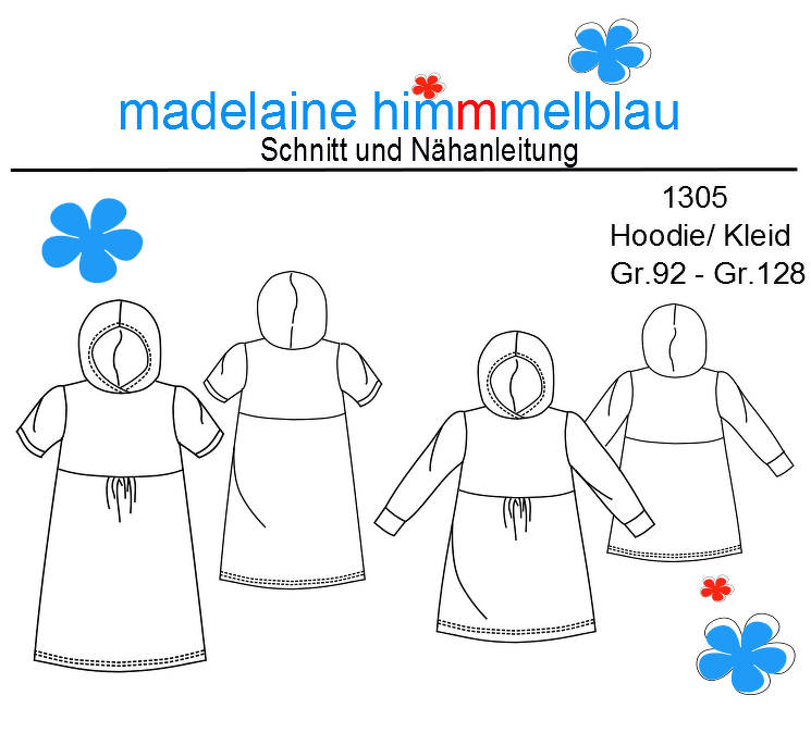 1305 Schnittmuster Mädchenkleid Jerseykleid Hoodie Kleid Gr.92-128 PDF