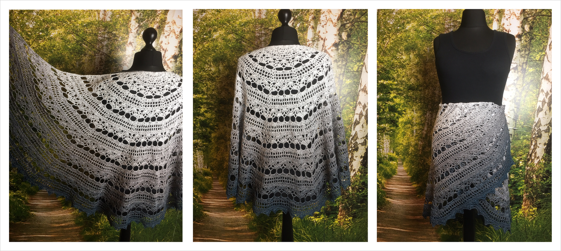 Ombre crescent crochet shawl in gray-to-blue ombre with lace stitch detail, displayed on a black mannequin.