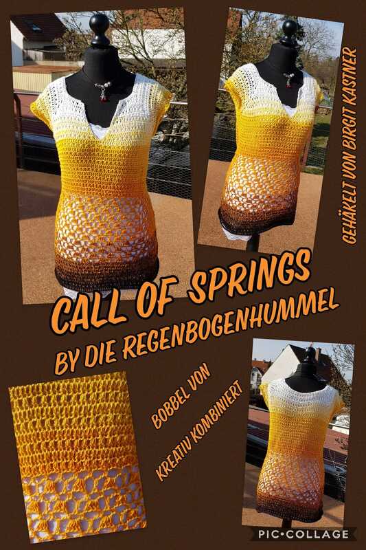 Ärmellose gehäkelte Damen‑Tunika auf einer Schneiderpuppe mit V‑Ausschnitt und Ombre‑Farbverlauf von Weiß bis Dunkelbraun; sichtbares Lochmuster am unteren Saum.