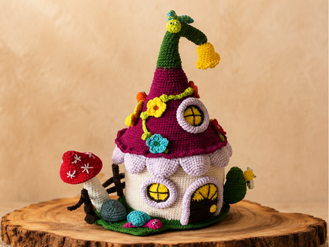 Crochet pattern for a fairy house with garden decor
