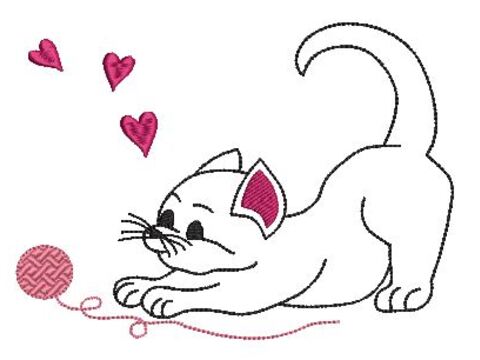Stickdatei Katze mit Wollknäul Redwork 13x18cm