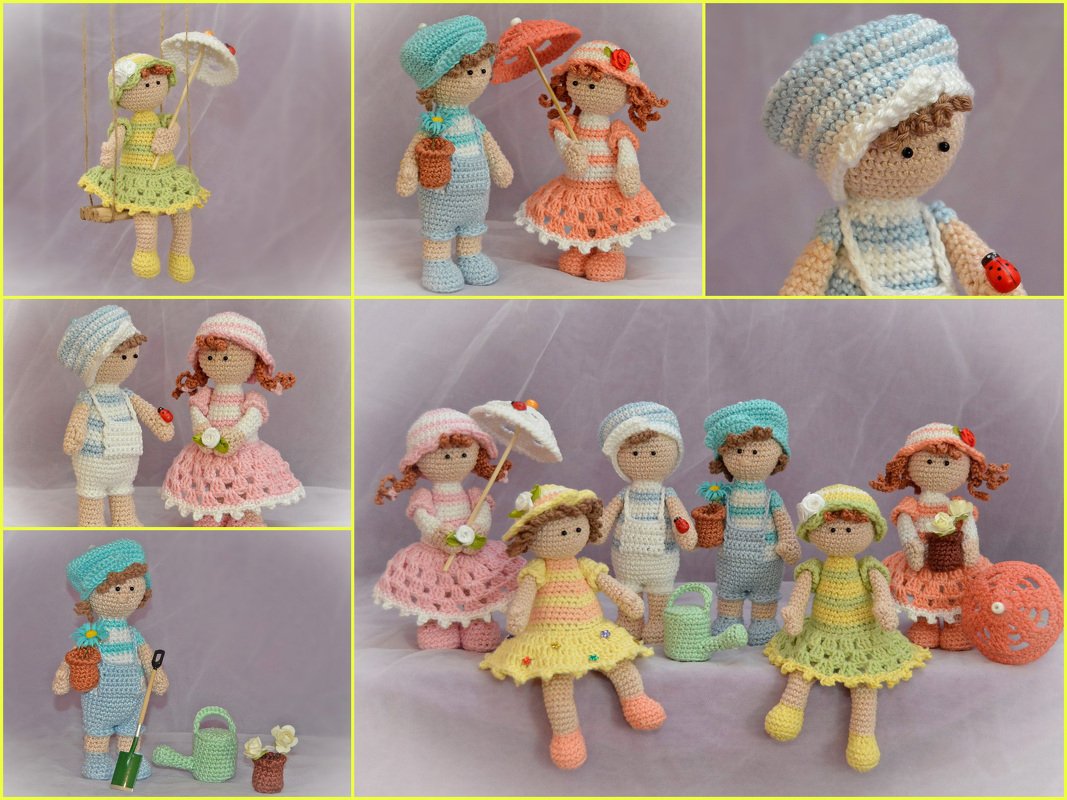 Gehäkelte Amigurumi‑Puppen mit unterschiedlichen Outfits, Hüten und Gartenzubehör