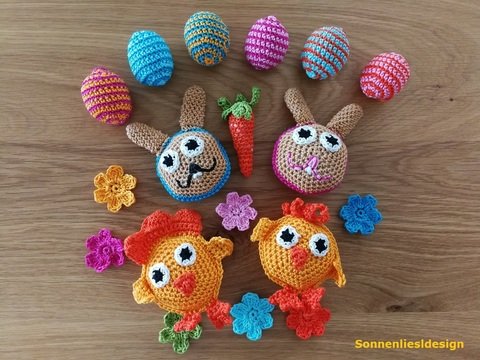 Häkelanleitung "Osterbabys (Babyhasen, Babyküken, Karotten, Blüten und Eier)"