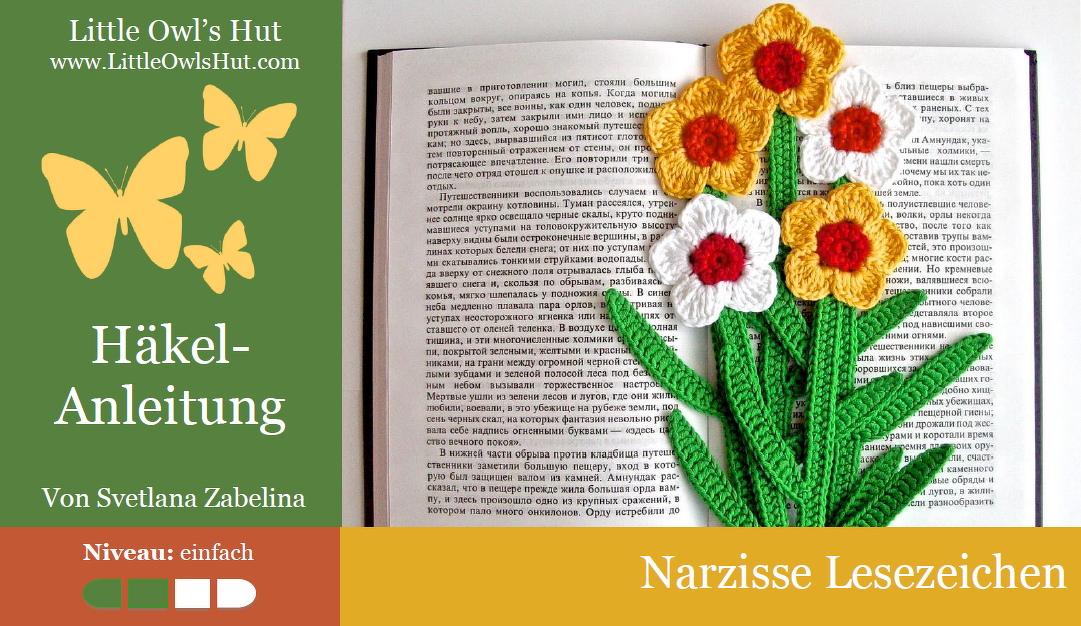 Gehäkeltes Narzissen-Lesezeichen als Seitenmarker in einem aufgeschlagenen Buch.