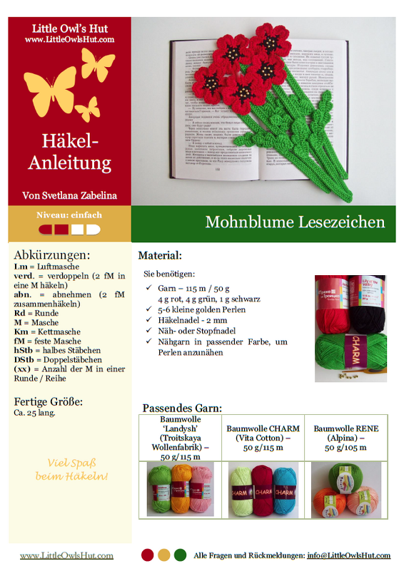 Gehäkeltes Lesezeichen mit roten Mohnblumen und grünen Stielen auf einem aufgeschlagenen Buch