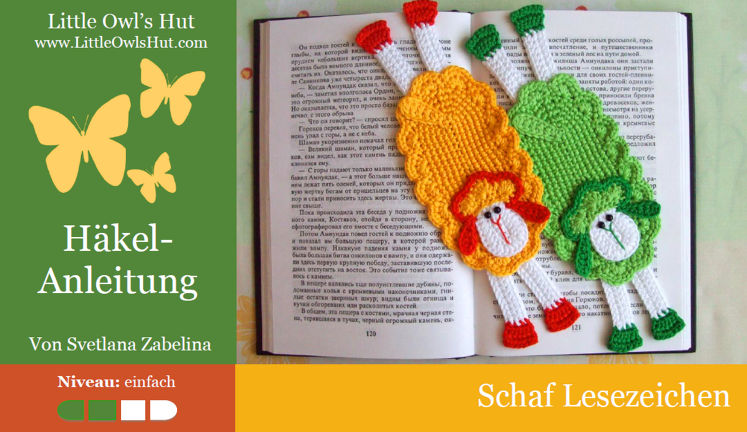 Flache gehäkelte Schaf-Lesezeichen mit langen Beinchen in einem aufgeschlagenen Buch