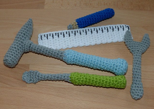 Crochet pattern for toddler's tools: hammer, screwdriver, wrench, ruler, pencil