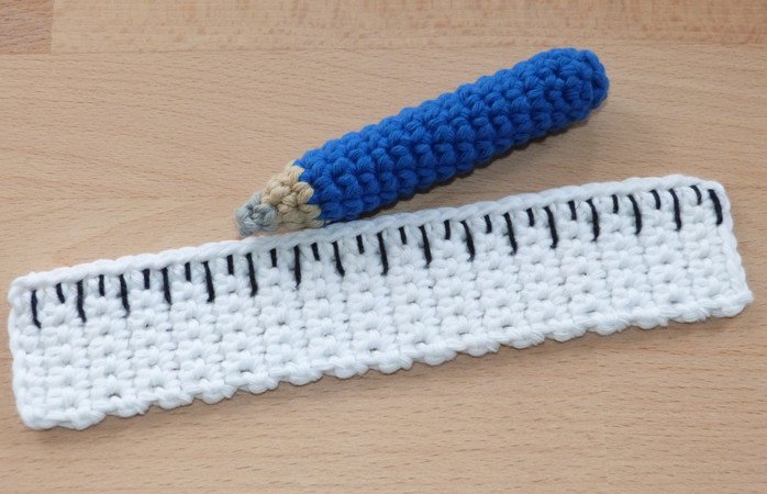 Crochet pattern for toddler's tools: hammer, screwdriver, wrench, ruler, pencil