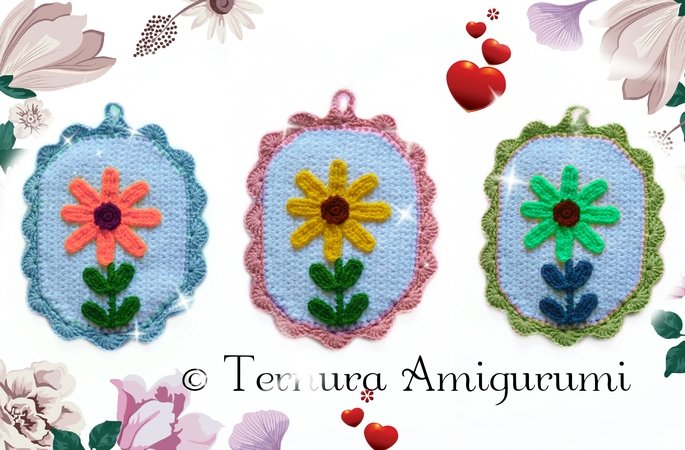 Crochet pattern of potholder, oven cloth with flower pdf ternura amigurumi english- deutsch- dutch
