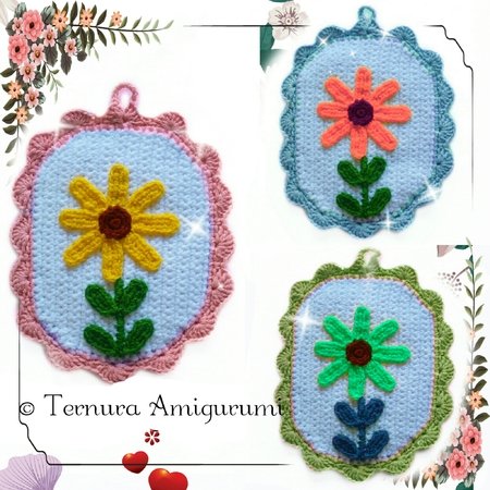 Crochet pattern of potholder, oven cloth with flower pdf ternura amigurumi english- deutsch- dutch