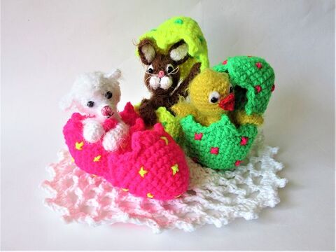 Häkelanleitung Ostertiere im Ei. Lämmchen, Hase, Küken