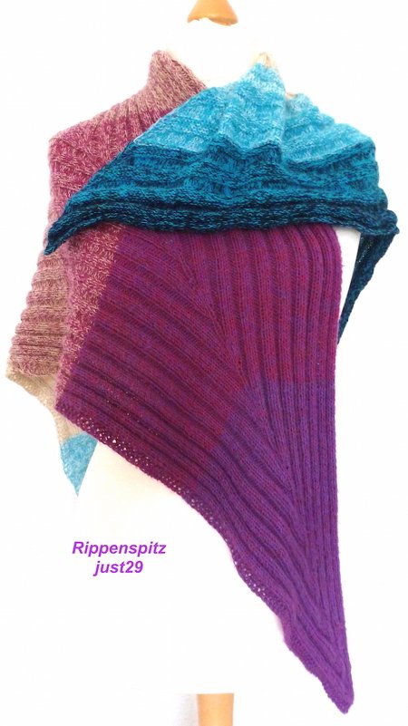 Gestricktes Dreieckstuch in Violett, Türkis und Rosa mit Rippen- und Wellenmuster