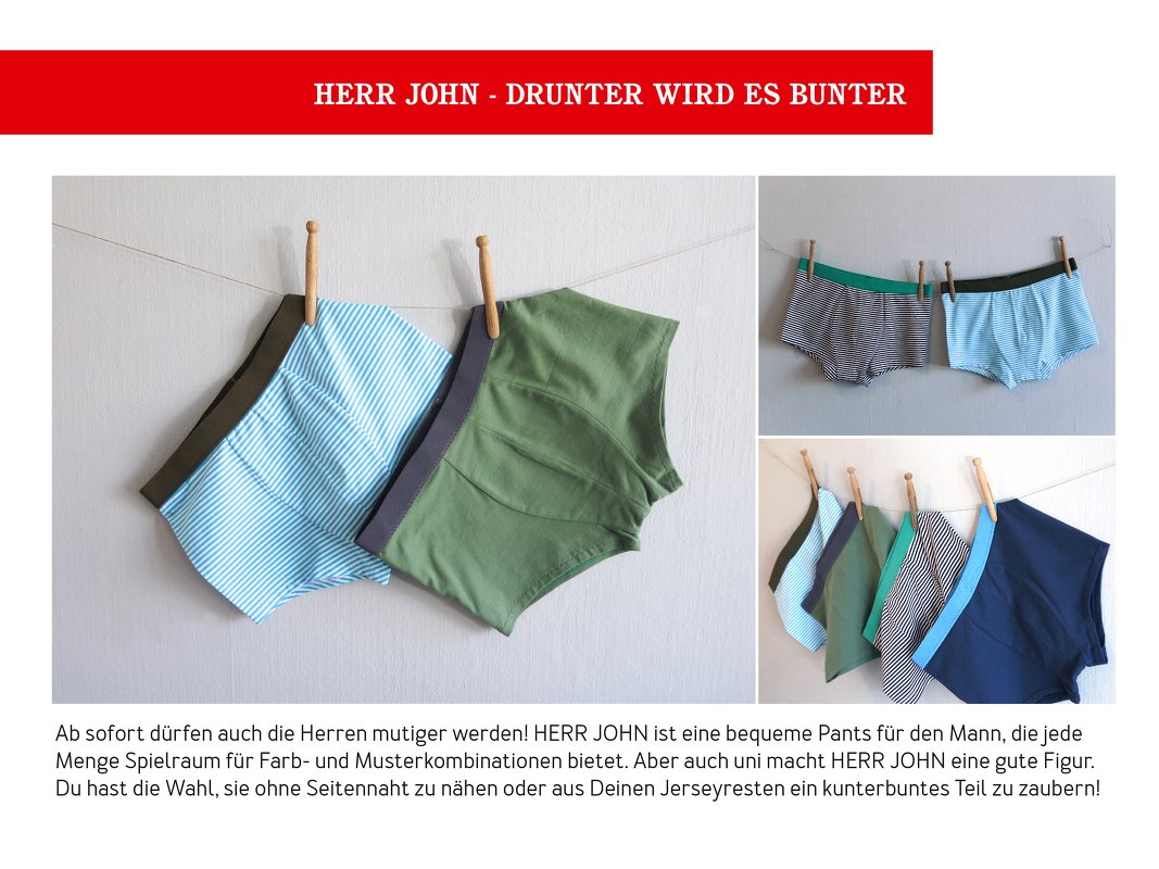 Genähte Herrenunterhosen in gestreiften und einfarbigen Mustern an einer Wäscheleine