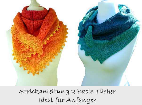 Zwei gestrickte Dreieckstücher auf Schaufensterpuppen, eines orange-gelb mit Noppenrand, das andere blau-türkis mit Wellenkante.