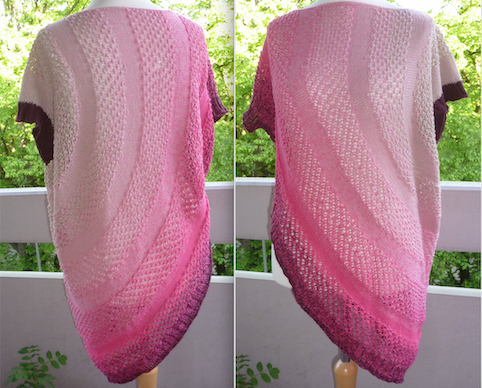 Asymmetrische rosa-weiße Strick-Tunika mit Lochmuster und kurzen Ärmeln