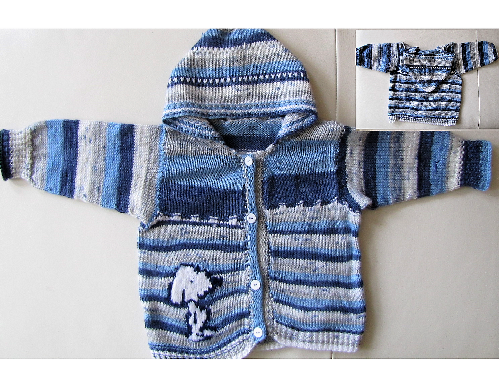 Gestrickte Baby-Kapuzenjacke in Blau-Weiß mit Knöpfen und Hundemotiv