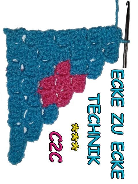 Corner-to-corner crochet swatch in teal and pink with a hook