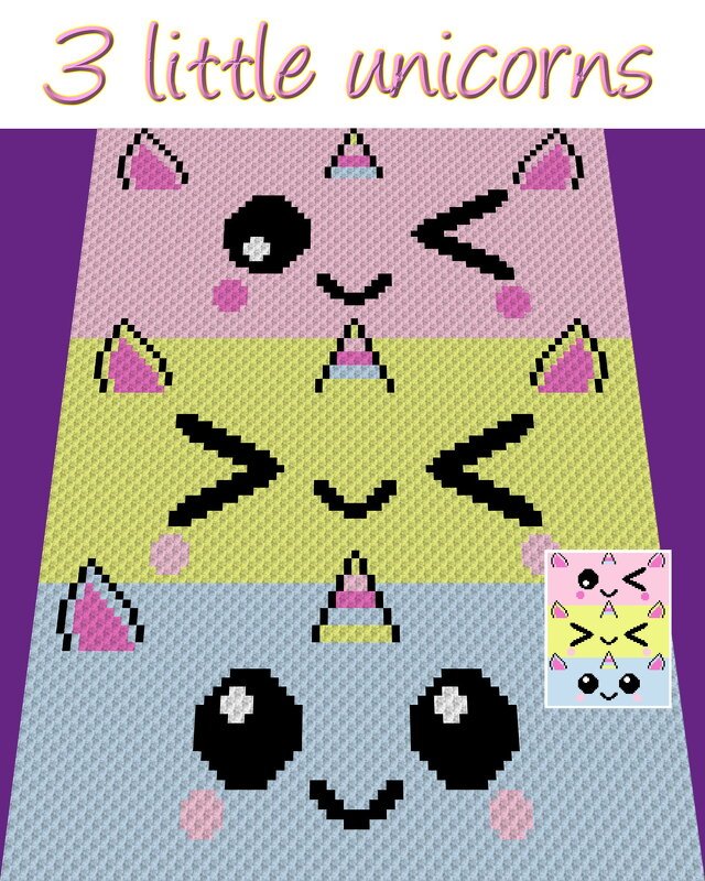 3 liTTle uniCorns, Häkelmuster, Grafik für C2C, Häkeldecke Ecke zu Ecke, mit Anleitung - Bild 5