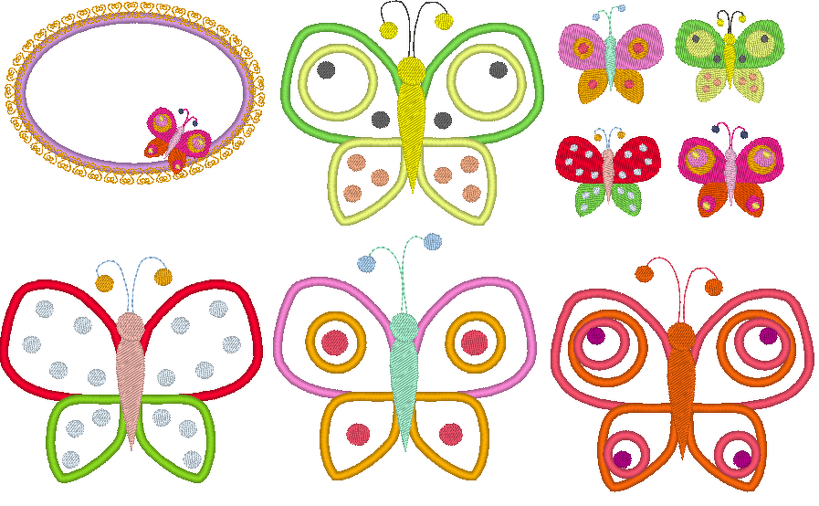 Bunte, verspielte Schmetterlingsstickereien und ovaler Zierrahmen