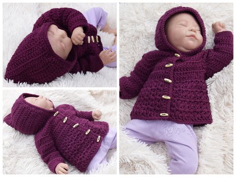 - MINI MATILDA - Babymantel/ Jacke häkeln, ab Größe 42/44 Puppe - 86/92 Kleinkind. mit Kapuze oder Kragen