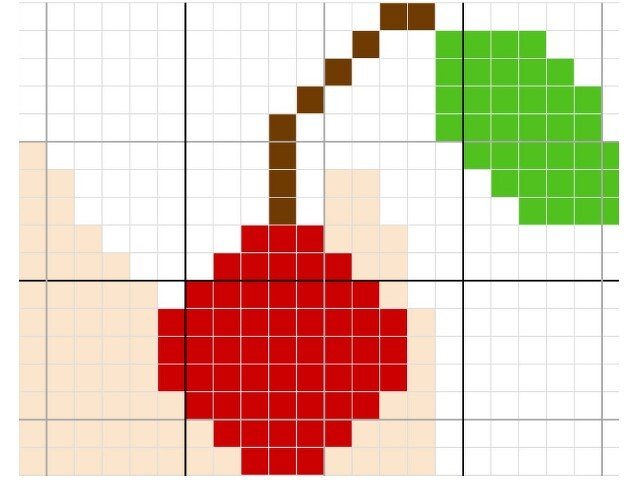 Pixel-Gittermuster einer roten Kirsche mit braunem Stiel und grünem Blatt auf kariertem Raster.