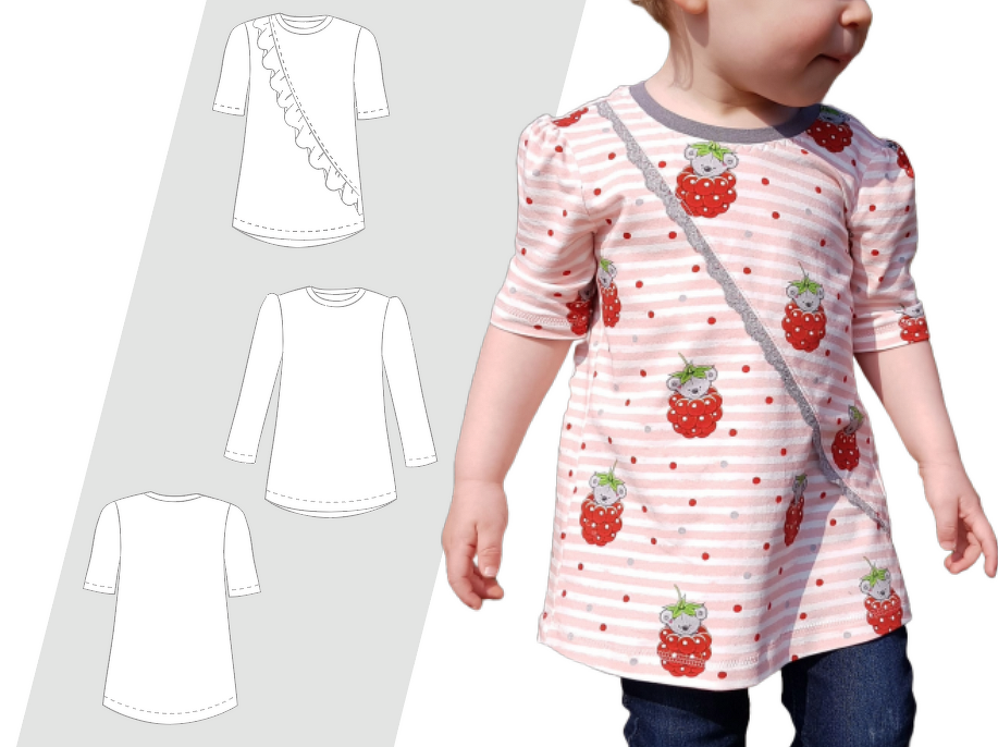 Ebook Schnittmuster Nähanleitung Kinder Shirt  Gr. 80 bis 164 Ebook Langarm Rüschenshirt