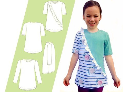 Ebook Schnittmuster Nähanleitung Kinder Shirt  Gr. 80 bis 164 Ebook Langarm Rüschenshirt