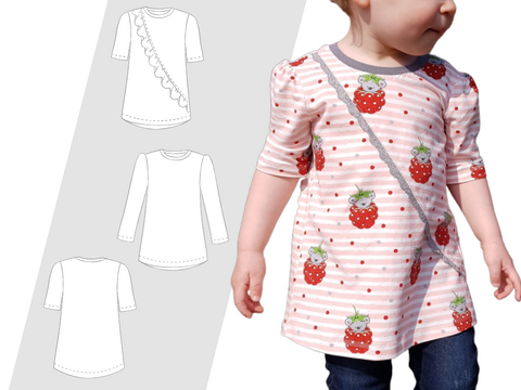 Ebook Schnittmuster Nähanleitung Kinder Shirt  Gr. 80 bis 164 Ebook Langarm Rüschenshirt