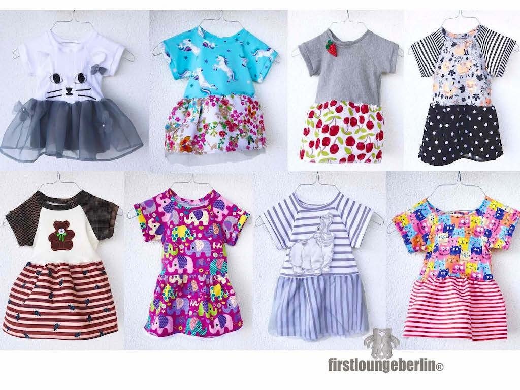 Verspielte Kinderkleider mit Einhorn-, Katzen- und Elefantenmotiven sowie gestreiften und gepunkteten Röcken