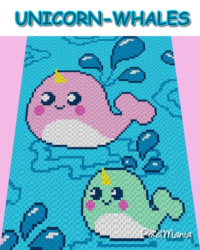 Pixelhäkelmuster mit zwei niedlichen Einhornwalen (rosa und mint) und blauen Wasserspritzern auf hellblauem Grund.