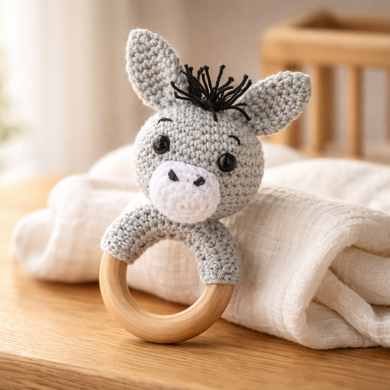 Gray crocheted donkey head mounted on a wooden baby ring resting on a soft cloth