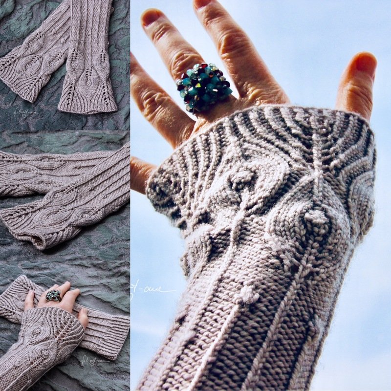 Beige knitted fingerless gloves with cable and openwork details, one worn on a hand with a beaded ring against a blue sky.