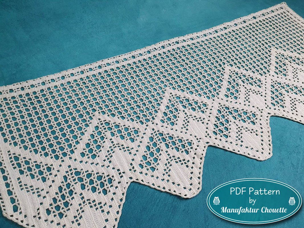 Weiß gehäkelte Spitzenborte mit filigranem geometrischem Muster und gezacktem Rand auf türkisem Hintergrund.