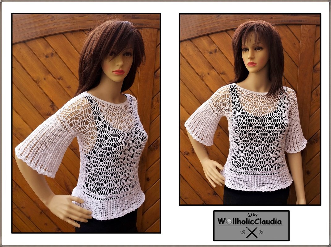 Schaufensterpuppe trägt weißes gehäkeltes Top mit durchbrochenem Muster und 3/4-Ärmeln über dunklem Unterteil